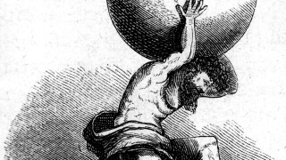 Atlas, Titan, Greek myth figure, carrying earth on his shoulders, wood engraving, 19th century,