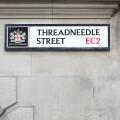 Street sign for Threadneedle Street, EC2, in the City of london, England.