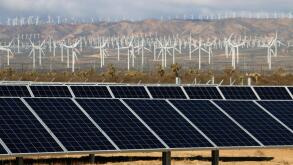 Solar panels and wind mill electric power production near Mojave California