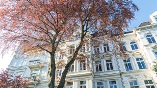 White facade of beautiful historic apartment building