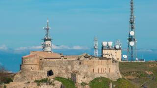 Aerial view of the Norman Swabian castle, Vibo Valentia, Calabria, Italy. Overview of the city seen. Antenna for telecommunications, radio