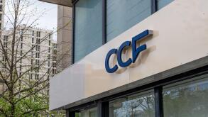 Sign and logo of a branch of the Credit commercial de France (CCF) banking group, a bank which previously operated in France under the HSBC brand
