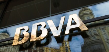 Sign above entrance of Spanish bank BBVA in Valencia city. Spain