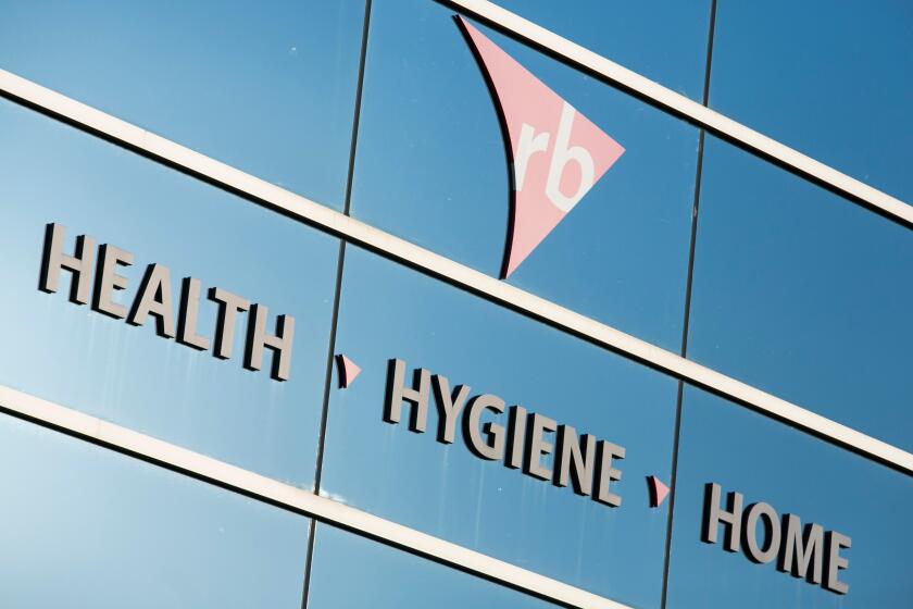 A logo sign outside of a facility occupied by the Reckitt Benckiser Group in Mississauga, Ontario, Canada, on April 15, 2017.