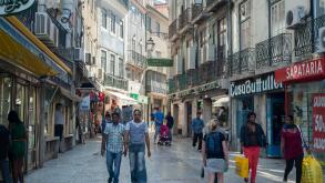 General view of Rue Barros Queiros which was the first pedestrianised street in Baixa, Lisbon, Portugal