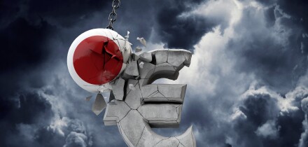 Japan flag ball smashing a European Euro currency symbol. 3D Render