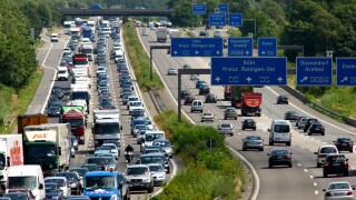 Big traffic jam on motorway A1 after road constructions. Duesseldorf, Germany.
