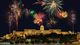 Fireworks display above Buda Castle or the Royal Palace in the city of Budapest in Hungary.