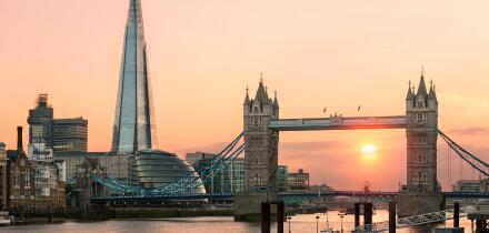 London, Tower bridge and Shard London Bridge at sunset
