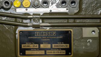 Augsburg, Germany. 08th May, 2023. At the Renk company, there is a nameplate from 1983 on a gearbox of a Leopard 2 tank. Renk produces and maintains gearboxes at its Augsburg site with around 1600 employees, mainly for military use. Credit: Stefan Puchner