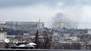 Photo taken on Feb. 24, 2022, shows black smoke shooting up into the air in Ukraine's capital Kyiv. Russia launched a military attack on Ukraine the same day. (Kyodo)==Kyodo Photo via Credit: Newscom/Alamy Live News