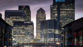 London Banks, Canary Wharf at dusk - Barclays, HSBC, State Street, CitiBank
