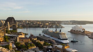 Sydney Harbour with the Celebrity Solstice Cruise ship leaving the harbor, Australia