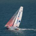Barcelona, Catalonia, Spain, September 10 2025 ,Sailing Yacht With Credit Mutuel Sails Near Red Buoy On Open Ocean Adventure During Race
