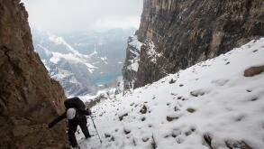 Hiking to the Alpine Club of Canada's Abbot Pass hut, on the Continental Divide and the British Columbia / Alberta border, near Lake Louise, Alberta, Canada