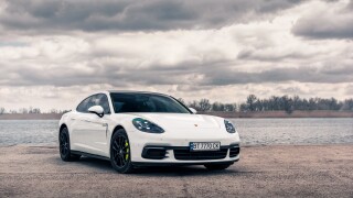 Kherson, Ukraine - March 2021. Hybrid Porsche Panamera 4 in a wh