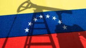 The oil industry of venezuela . Oil rigs on the background of the venezuelan flag. Mining and oil export. trading on global fuel market. Fuel industry