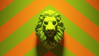 Green Lion Head Bust with Green an Orange Chevron Background 3d illustration render