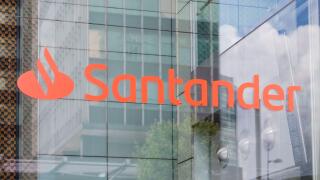 London, UK - July 29, 2023; Red Santander sign on window of UK headquarters
