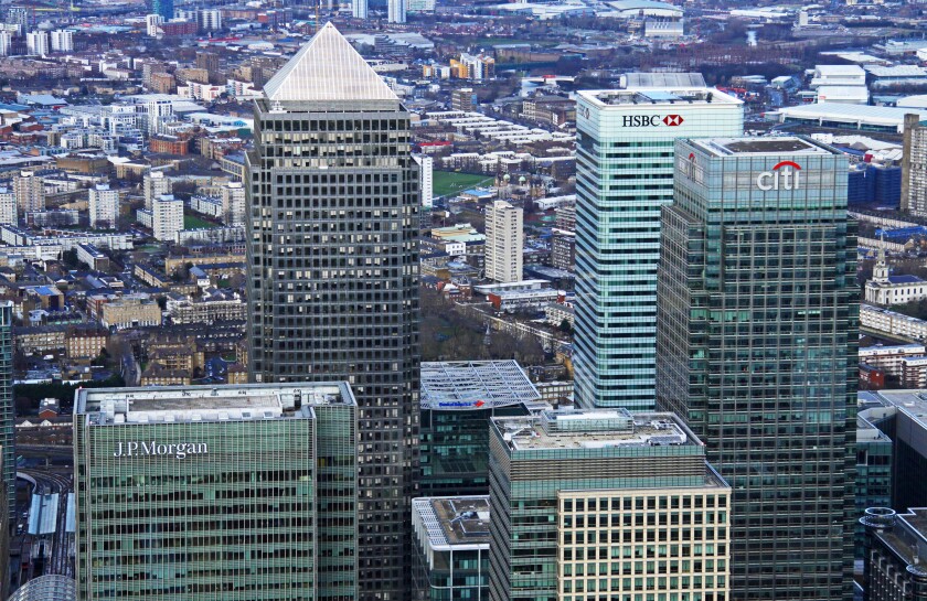 aerial view of Canary Wharf, East London E14