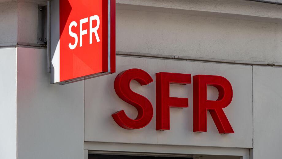 Sign and logo of an SFR store. SFR is a French mobile network operator and telecommunications company, a subsidiary of Altice France
