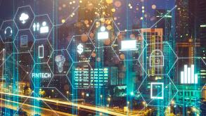 Fintech icon and internet of things with matrix code background
, Investment and financial internet technology concept.