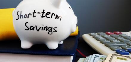 Short-term savings. Piggy bank, calculator and money.