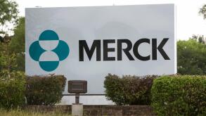 A logo sign outside of a facility occupied by Merck in Branchburg, New Jersey