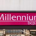 Famalicao, Portugal: Millennium Bcp aka Banco Comercial Portugues logo, symbol or emblem in the facade of bank agency. One of largest private banks