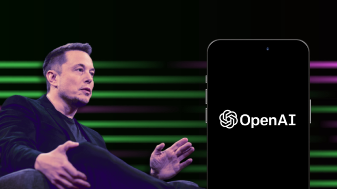 Elon Musk imposed next to an iPhone displaying OpenAI's logo