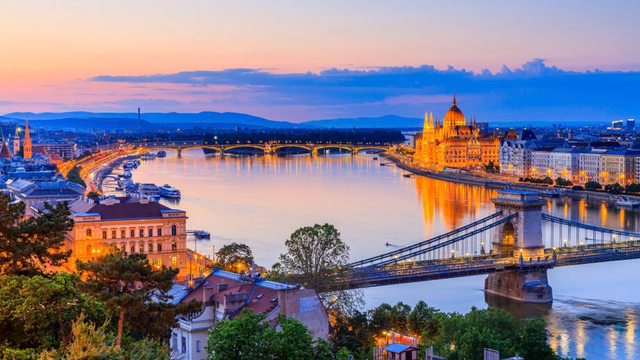 Budapest, Hungary. Panoramic view with the Chain Bridge and the Parliament on the Danube river.