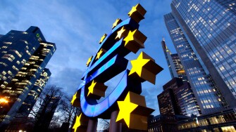 European Central Bank, right, with the euro symbol and Dresdner Bank, left, in Frankfurt am Main, Hesse, Germany, Europe
