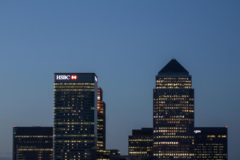Canary Wharf, London, UK. HSBC is one of the world's leading banks, it's headquarters dominating part of Canary Wharf's skyline