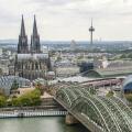 View from the Cologne Triangle observation tower of Cologne Cathedral, the Philharmonic Hall, and the Rhine with the Hohenzollern Bridge, Germany, Nor