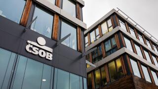 PRAGUE, CZECH REPUBLIC - NOVEMBER 23 2018: Ceskoslovenska obchodni banka CSOB banking and financial company logo on Czech headquarters building on Nov
