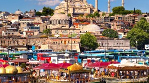 The Suleymaniye Mosque on the Third Hill with ferries on the banks of the Golden Horn, Istanbul, Turkey