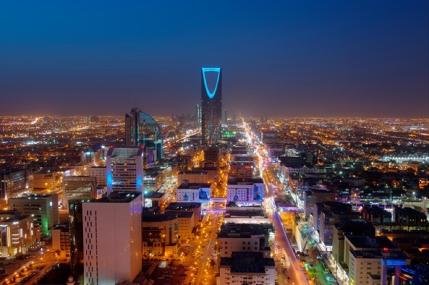 Riyadh skyline at night from Alamy 2Sep24 575x375