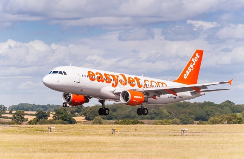 An easyJet Airbus A320 landing at Luton Airport in England , Britain , Uk