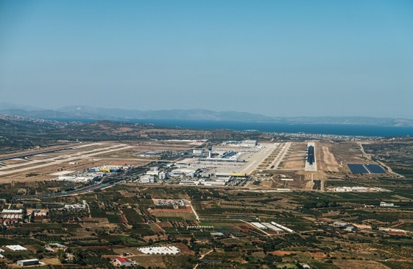 Landscape around Athens International Airport, Greece, Pilots view during approach into LGAV, ATH - aerial view