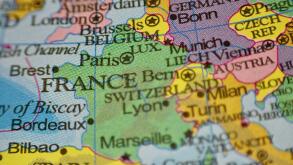 Macro Close up of a World Map Globe With Focus on France and Western Europe