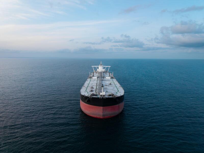 Aerial view of a large crude oil product tanker ship in the Strait Of Hormuz transporting oil and petroleum products around the world