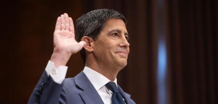 Kevin Warsh, nominee for Federal Reserve chair, is sworn in to testify during his confirmation hearing before the Senate Banking Committee on Capitol Hill on April 21, 2026. (Francis Chung/POLITICO via AP Images)