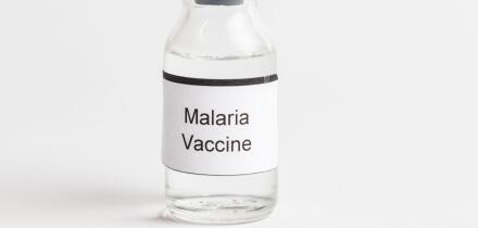 A Medical Vial with a label reading Malaria Vaccine