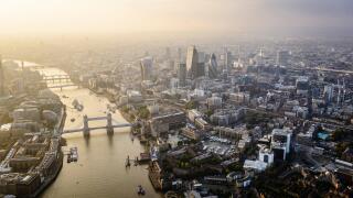 Aerial view of London cityscape and river, England