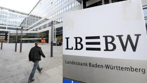 The logo of the State Bank of Baden-Wuerttemberg LBBW is featured at the entrace to its headquarters in Stuttgart, Germany, 22 November 2012. Stuttgart's local council discusses the transformation of 'silent investments' in the bank  into core capital. Ph