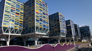 SW regional headquarters of Achmea in Leiden covered in red, blue and yellow panels