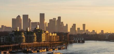 England, London, Docklands and Canary Wharf Skyline with River Thames