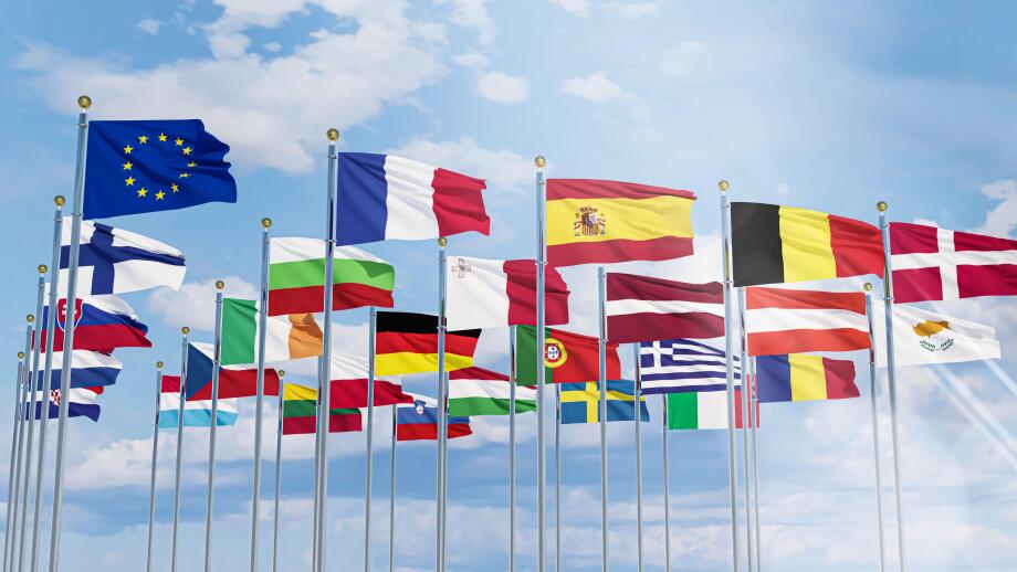 The flag of the European Union with the flags of the European Union waving in the sky ,Close-up