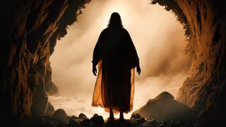 Jesus Rising from The Dead - Sihouetted Figure Leaving Cave Tomb - Generative AI.
