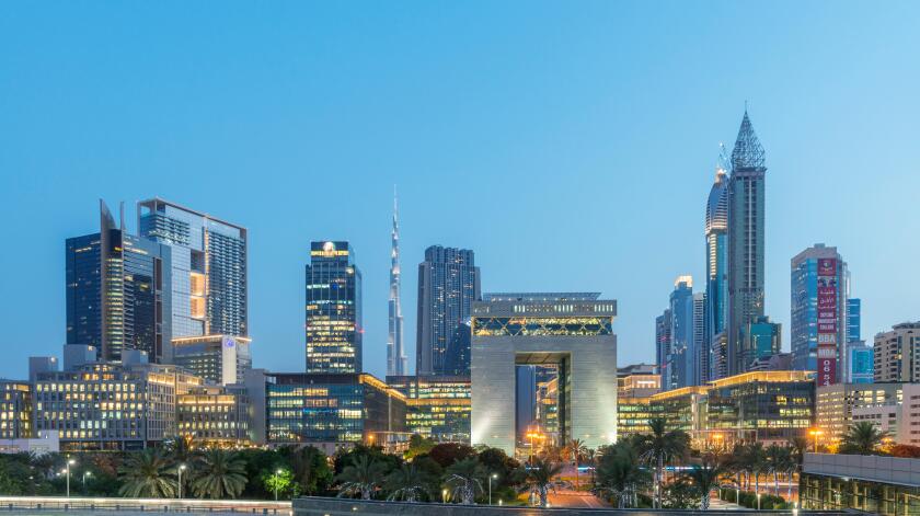 Evening view of DIFC and financial and business district of Dubai United Arab Emirates